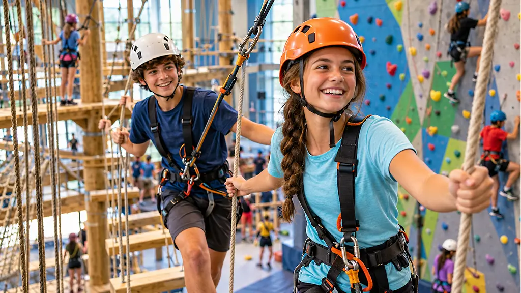 Teens participating in a supervised indoor climbing and ropes-course Adventure Camp activity