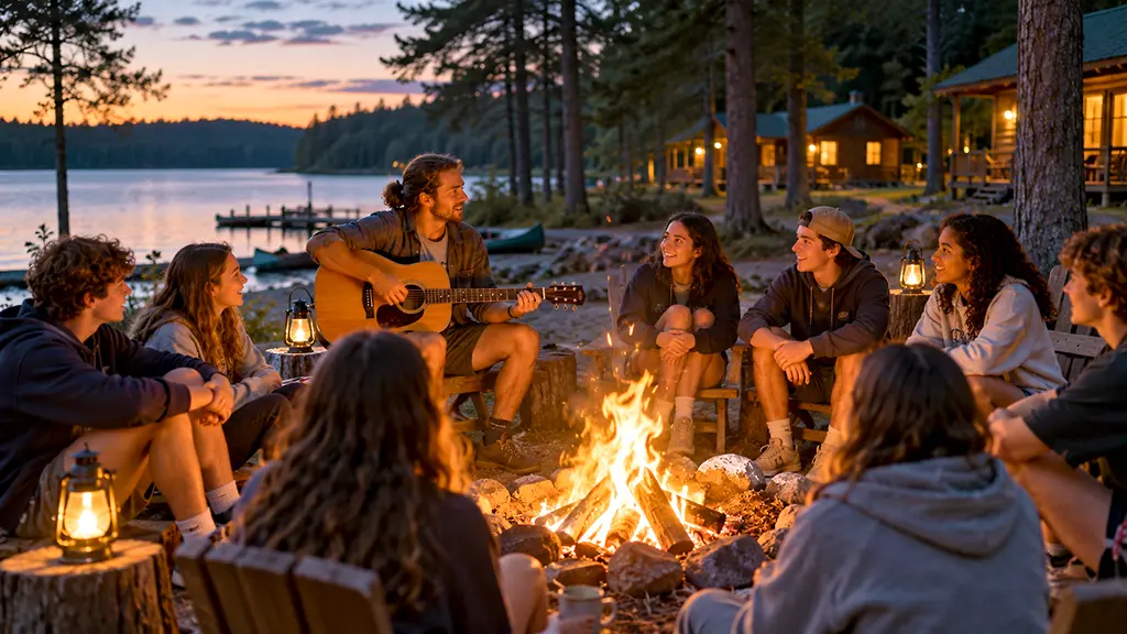 Adventure Camp group spending time together around a campfire during a wilderness summer experience