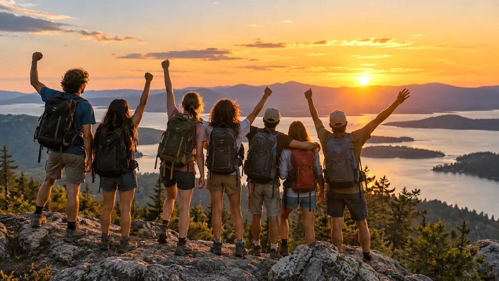 Teen campers celebrating during a wilderness hike overlooking a mountain lake at sunset
